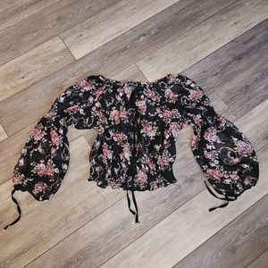Floral Chiffon Puff Sleeve Romantic Top, Coquette Floral Puffy Sleeve Top
